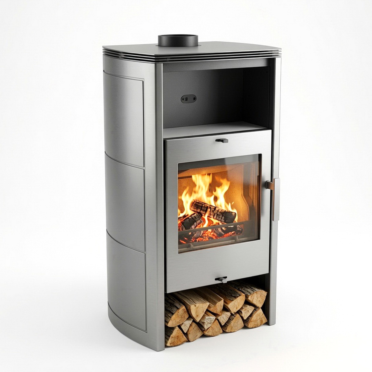 Holzofen, Kaminofen, Stahl, Feuerholzregal, Glastür